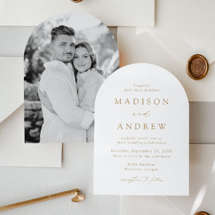 Convite Arco de Casamento de Foto com Letra Dourada Modern