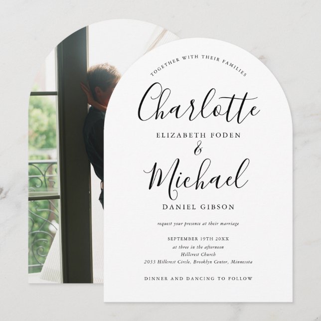 Convite Arco de Casamento de Foto em Preto e Branco Elegan (Frente/Verso)