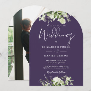 Convite Arco de casamento de foto floral verde roxo elegan
