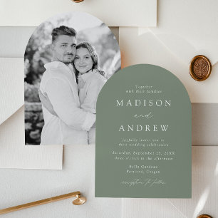 Convite Arco de Casamento de Fotos Verde Salvia Moderno e