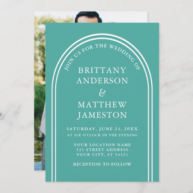 Convite Arco de Casamento Elegante Moderno Foto Azul (Frente/Verso)