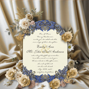 Convite Arco de Casamento em Marfim Azul Ouro e Pavão Pret