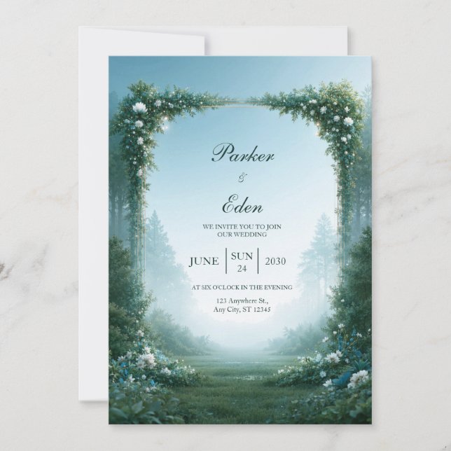 Convite Arco de Casamento em Prado Azul Nebuloso (Frente)