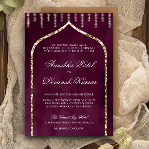 Convite Arco de Casamento Étnico Indiano Dourado Roxo Amei