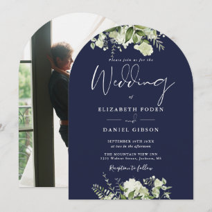 Convite Arco de casamento floral azul naval chic greenery