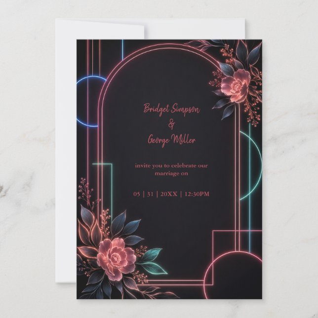 Convite Arco de Casamento Floral Neon Romântico Glow (Frente)