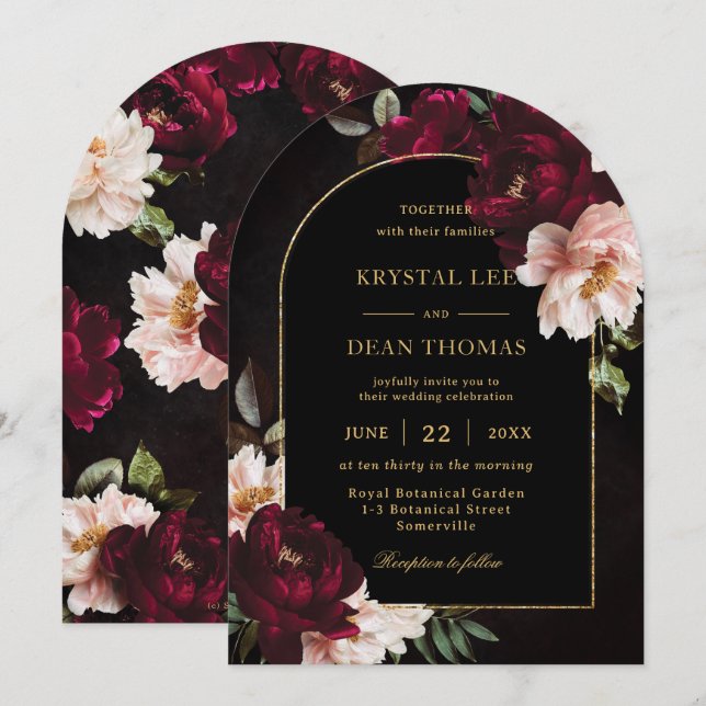 Convite Arco de casamento floral rosa bege Borgonha temper (Frente/Verso)