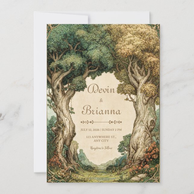 Convite Arco de Casamento Florestal Ilustrativo Vintage (Frente)
