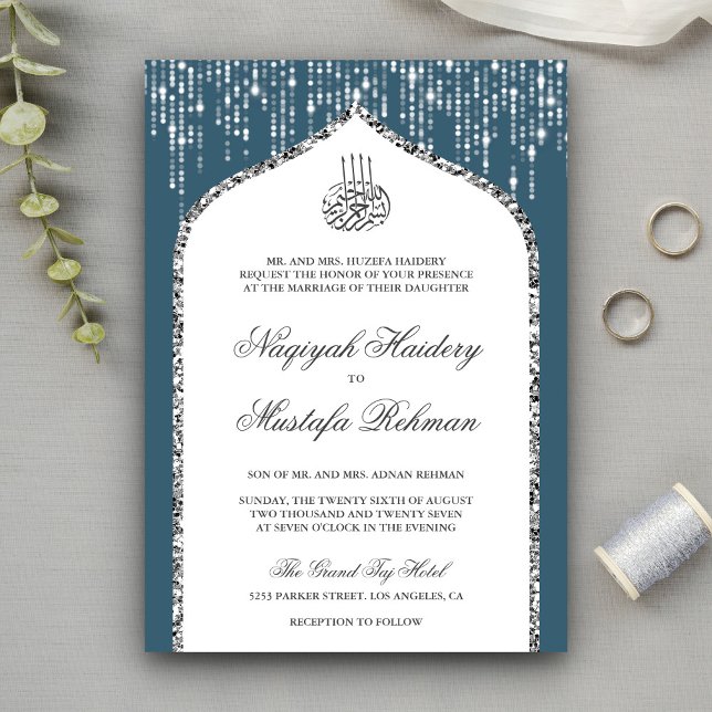 Convite Arco de casamento muçulmano com brilho azul branco (Criador carregado)