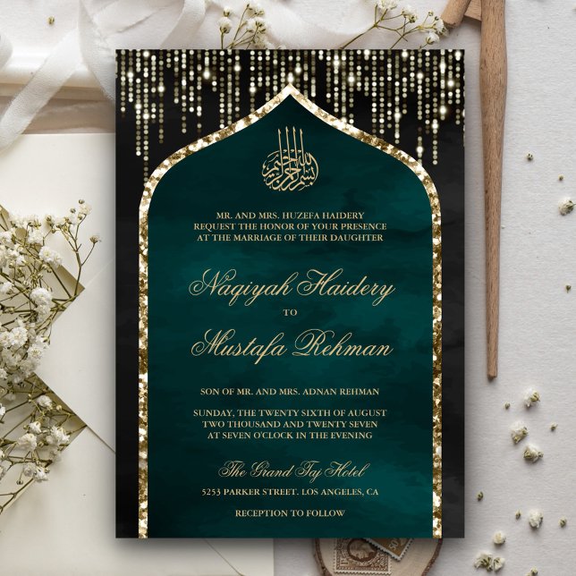 Convite Arco de casamento muçulmano com brilho dourado pre (Criador carregado)