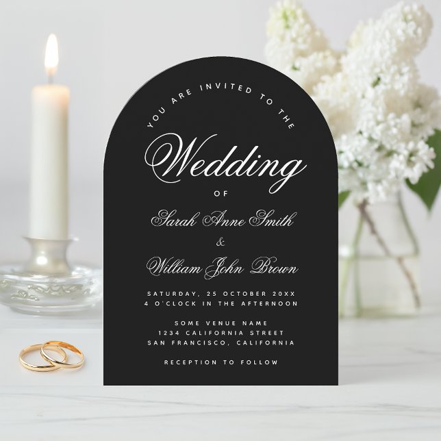 Convite Arco de Casamento Preto Simples Caligrafia Moderna (Criador carregado)