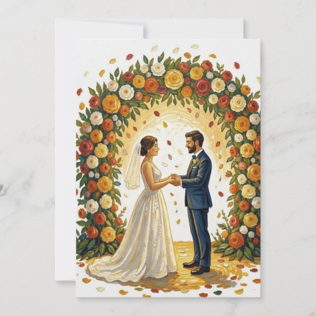 Convite Arco de Casamento Romântico Rosas Douradas Casal (Frente)