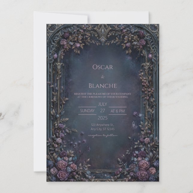 Convite Arco de Casamento Rosa Gótica Índigo Temperamental (Frente)