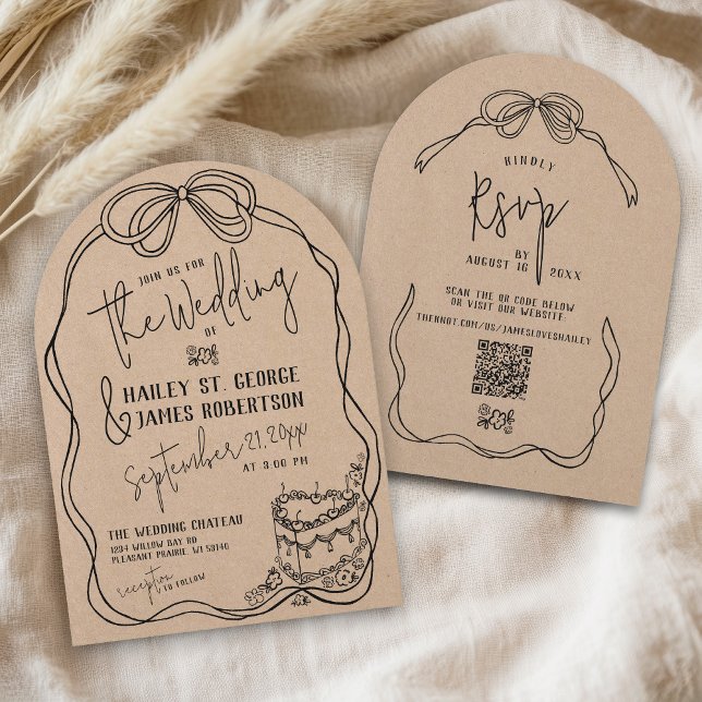 Convite Arco de casamento rústico kraft desenhado à mão re (Retro quirky hand drawn illustration black bow vintage floral heart cake kraft arch wedding invite)