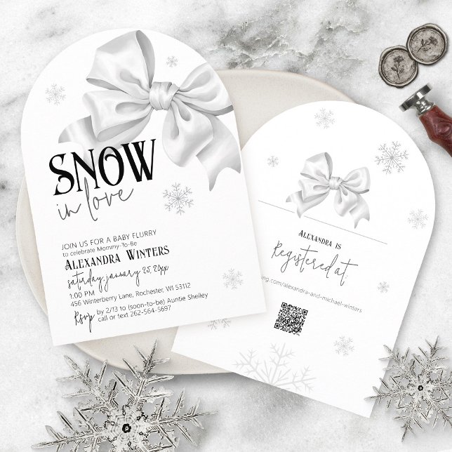 Convite Arco de Chuva de Neve para Chá de Bebê de Inverno  (Arch black and white elegant baby girl or boy winter snowflake white bow QR code Snow in love shower)