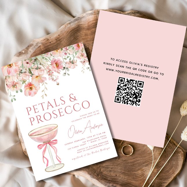 Convite Arco de código QR Petals & Prosecco cor-de-rosa (Criador carregado)