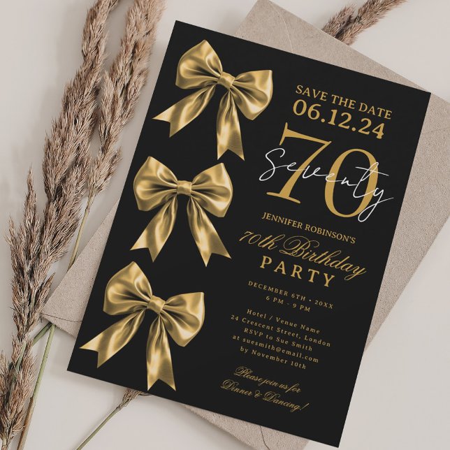 Convite Arco de Coquete de Ouro Salvar Data 70º Aniversári (Gold Coquette Bow Save Date 70th Birthday Black Invitation)