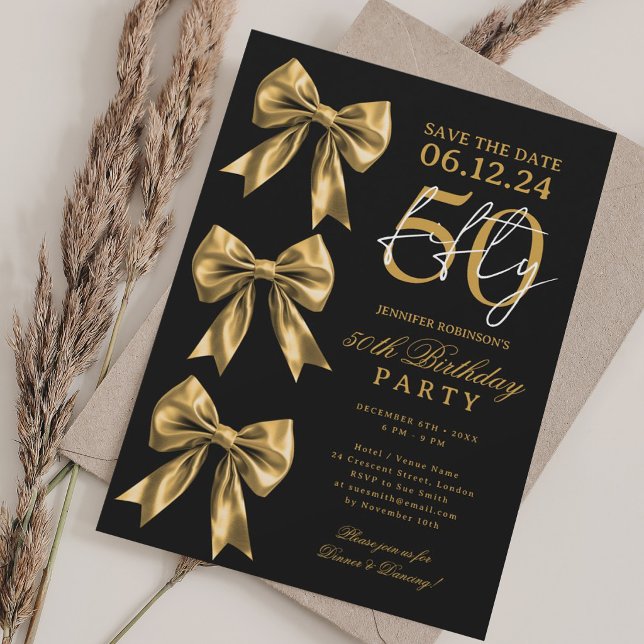 Convite Arco de Coquete de Ouro Salve a Data de 50º Aniver (Gold Coquette Bow Save Date 50th Birthday Black Invitation)