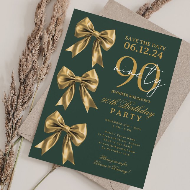 Convite Arco de Coquete de Ouro Salve a Data de 90 Anos de (Gold Coquette Bow Save Date 90th Birthday Green Invitation)