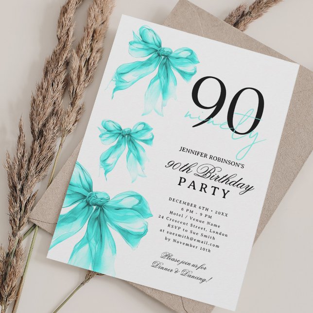Convite Arco de Coquete Fazer com Água Turquesa para 90º A (Turquoise Watercolor Coquette Bow 90th Birthday Invitation)