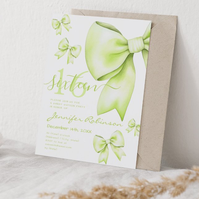 Convite Arco de coquete fino 16 (Cute Coquette Lime Green Bow Sweet 16 Invitation)