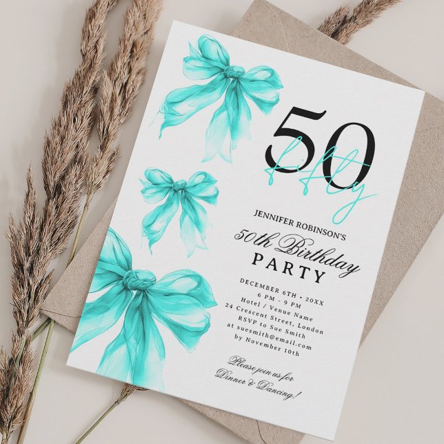 Convite Arco de Coquete Fleur de Lis em Aquarela Turquesa  (Turquoise Watercolor Coquette Bow 50th Birthday Invitation)