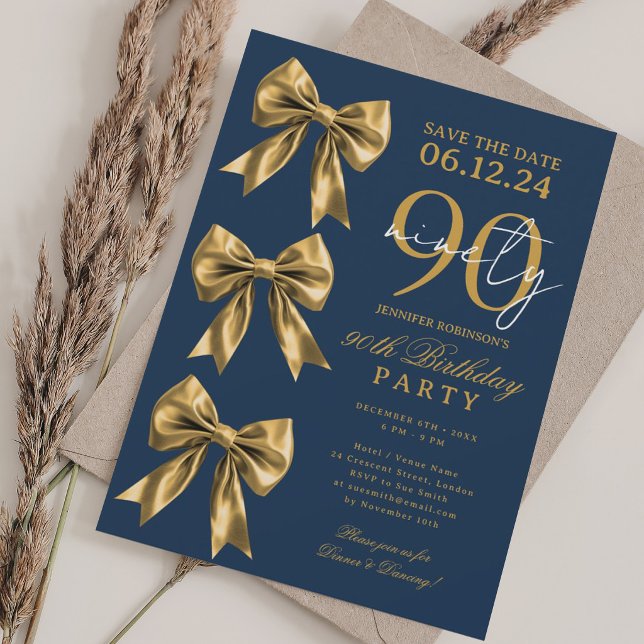 Convite Arco de Coquete Gold Salve a Data 90º Aniversário  (Gold Coquette Bow Save Date 90th Birthday Navy Blu Invitation)