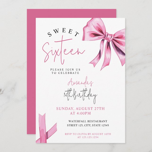Convite Arco de coquete rosa elegante Doce 16 Aniversário (Frente/Verso)