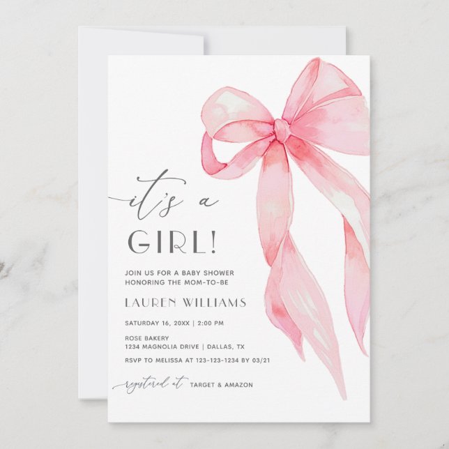 Convite Arco De Coquete Rosa Elegante É Um Chá de fraldas  (Frente)