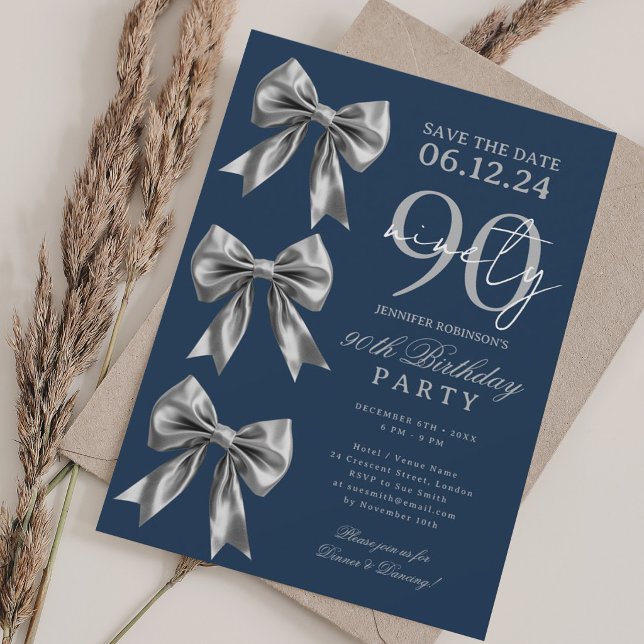 Convite Arco de Coquete Silver 90º Aniversário navy (Silver Coquette Bow 90th Birthday navy Invitation)