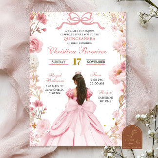 Convite Arco de Coquetes Rosa Blush Princesa Quinceanera