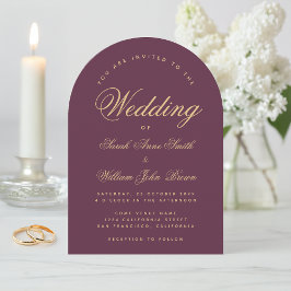 Convite Arco de Cor de Vinho Casamento Caligrafia Dourada 