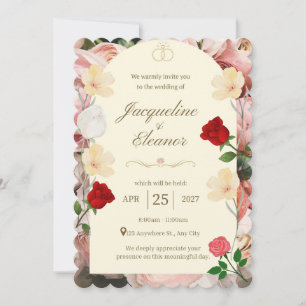 Convite Arco de Creme Clássico com Rosas Vermelhas e Amare
