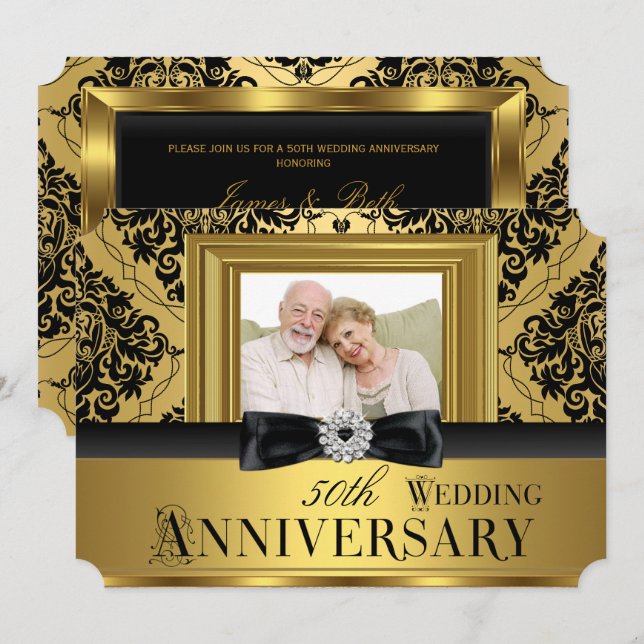 Convite Arco de Damasco Dourado Foto Aniversário de 50 Ano (Frente/Verso)