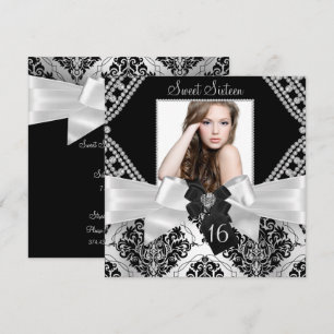 Convite Arco de Diamante Elegante Preto Damask Foto Sweet 