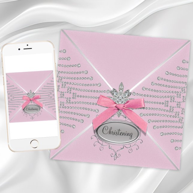 Convite Arco de Diamante Rosa Batizado (Girl pink christening and baptism invitation. Digital download and printed invitations available.)