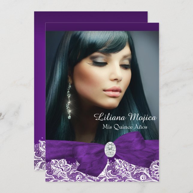 Convite Arco de diamante roxo e Quinceanera de rendas Boni (Frente/Verso)