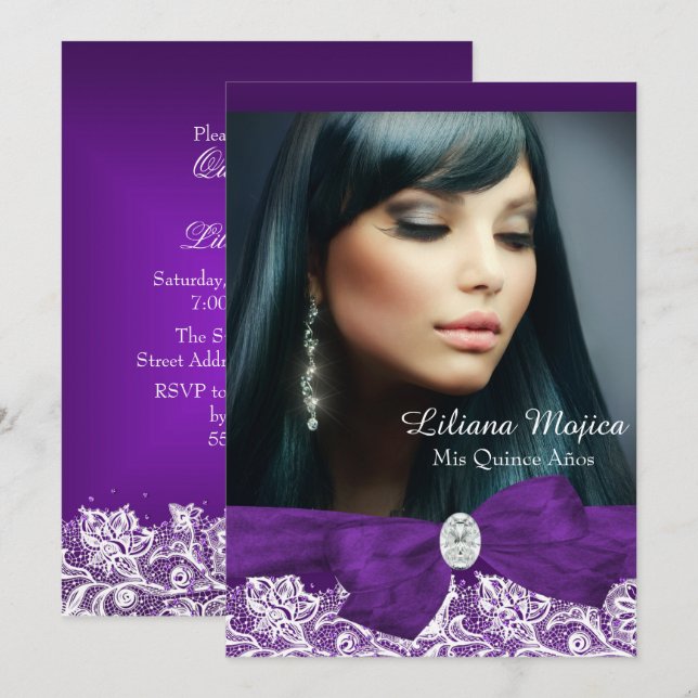 Convite Arco de Diamante Roxo & Lindo Laço Quinceanera (Frente/Verso)