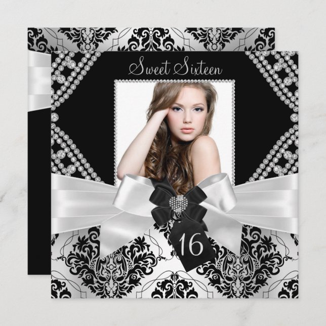 Convite Arco de Diamond Black Damask Foto Sweet 16 (Frente/Verso)