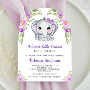 Convite Arco de Elefante Floral com Laço Roxo Fofo para Ch