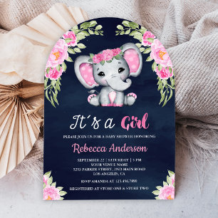 Convite Arco de Elefante Floral Rosa Fofo Chá de Bebê Azul
