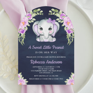 Convite Arco de Elefante Floral Roxo Fofo Festa de Bebê Az