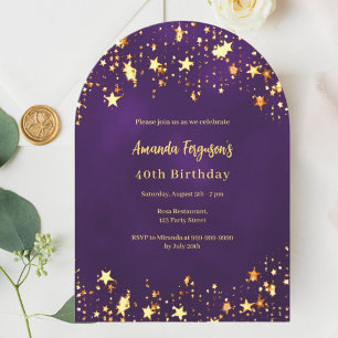Convite Arco de estrelas de ouro roxo de aniversário