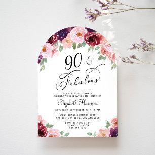 Convite Arco de festa de 90 anos em aquarela floral elegan