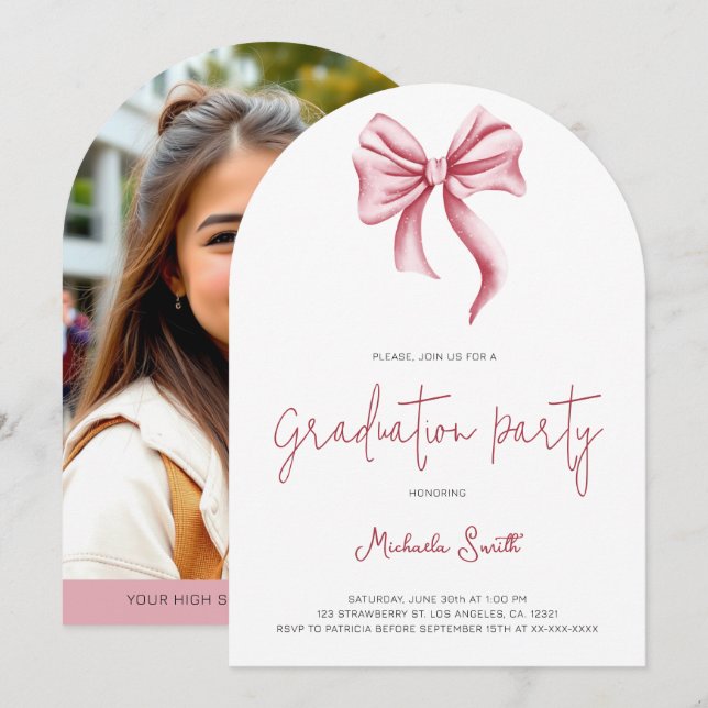 Convite Arco de festa de formatura com laço rosa simples (Frente/Verso)