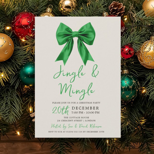 Convite Arco de festa moderna verde de Jingle & Mingle de  (Modern Green Jingle & Mingle Christmas Party Bow Invitation)