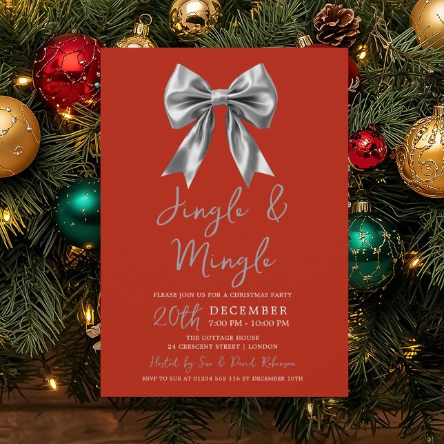 Convite Arco de festa Silver Jingle Mingle de Natal Vermel (Silver Jingle Mingle Christmas Party Bow Red Invitation)