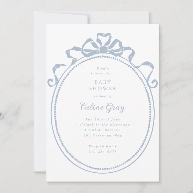 Convite Arco de fita antigo Chá de fraldas azul vitoriano (Frente)