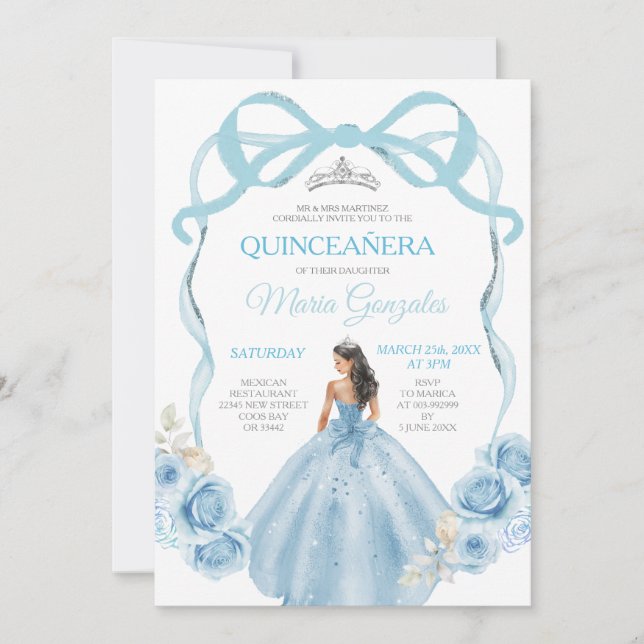 Convite Arco de Fita Azul Dusty Princesa Mis Quince (Frente)