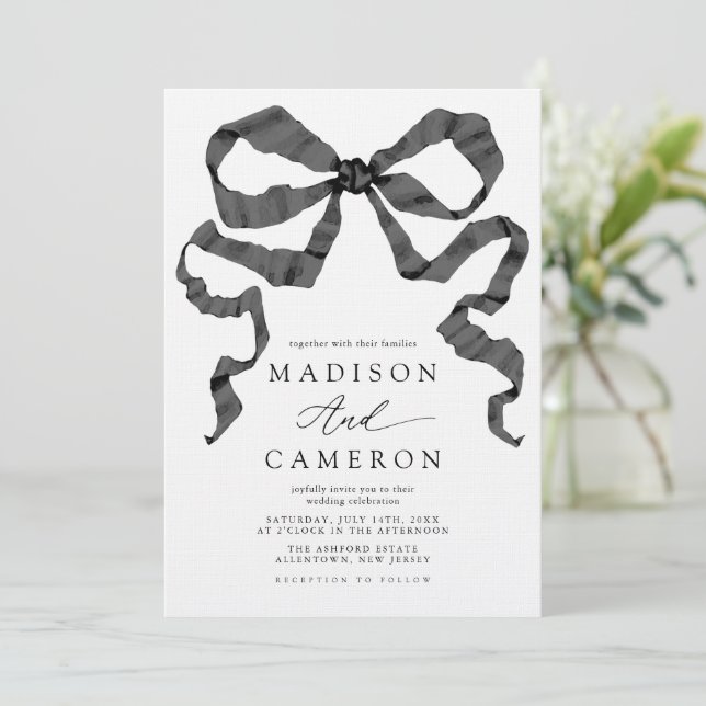 Convite Arco de fita de aquarela Ajustado a preto e branco (Em pé/Frente)